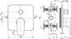 Durchlauferhitzer von Ideal Standard, schematische Darstellung mit technischen Maßen, Anschlüssen und Montagehinweisen. Quadratförmige Front mit zentralem Abfluss.
